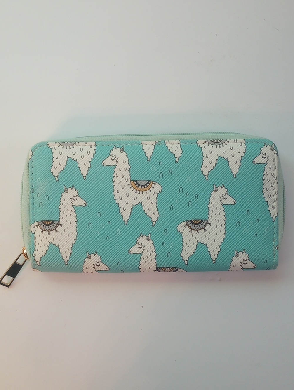 Aqua Blue Faux Leather Llama Print Gold Zip Wallet Lots of Slots And Pockets 8"